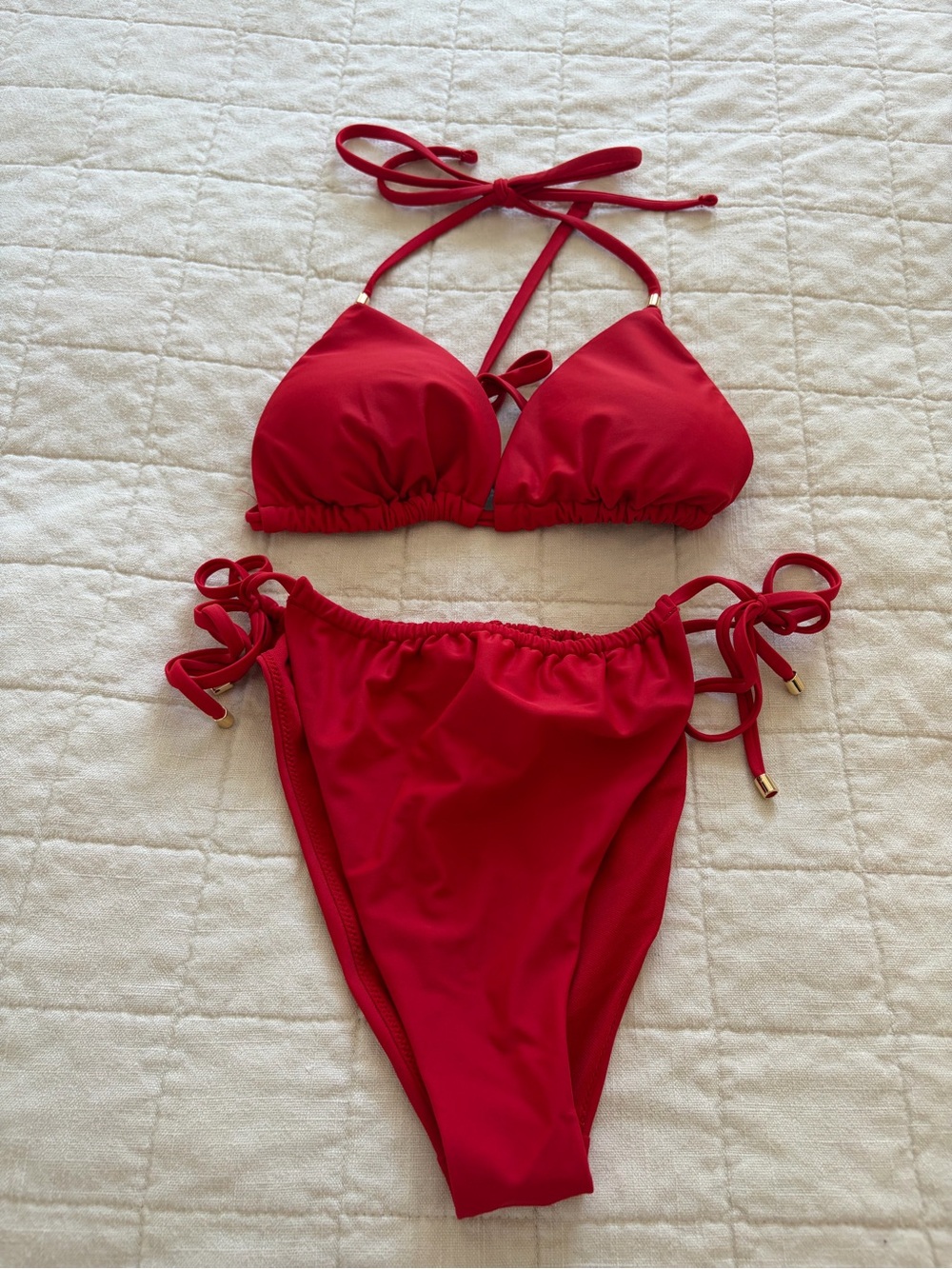 Red Triangle Tie-Side Bikini Set - Women Intimates & Sleepwear